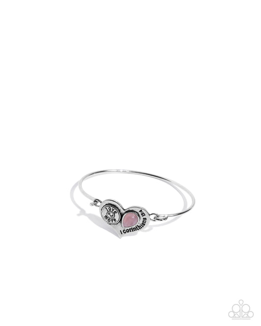 Give More Love - Pink Stone Heart Silver "1 Corinthians 13:4" Hook & Eye Bracelet - Paparazzi Accessories