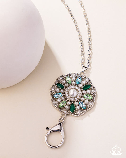 Angelic Arrangement - Green Rhinestone White Pearl Silver Lanyard Necklace - Paparazzi Accessories