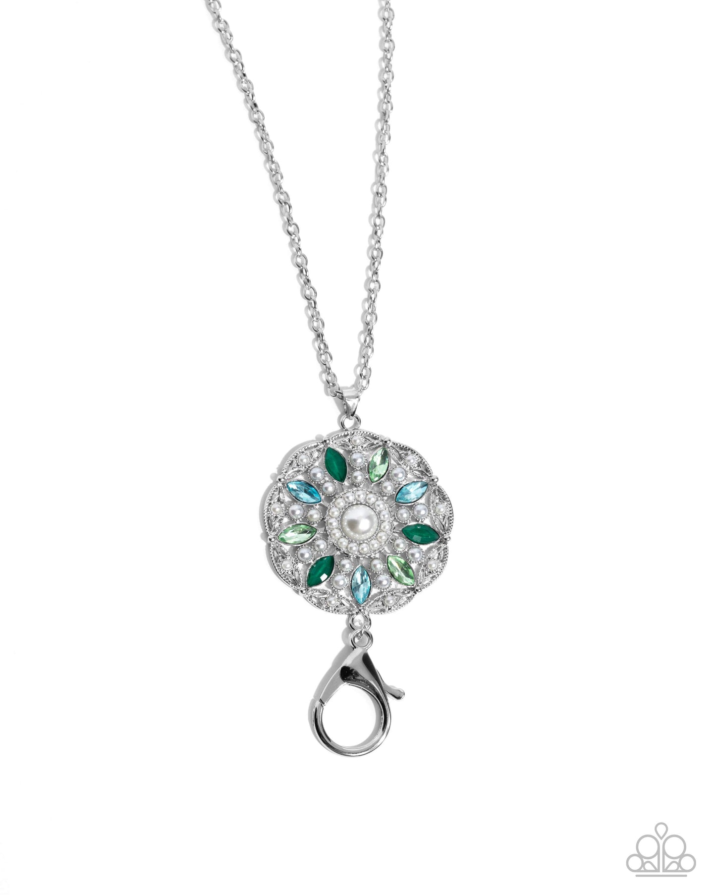 Angelic Arrangement - Green Rhinestone White Pearl Silver Lanyard Necklace - Paparazzi Accessories