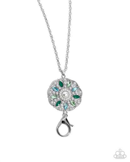 Angelic Arrangement - Green Rhinestone White Pearl Silver Lanyard Necklace - Paparazzi Accessories