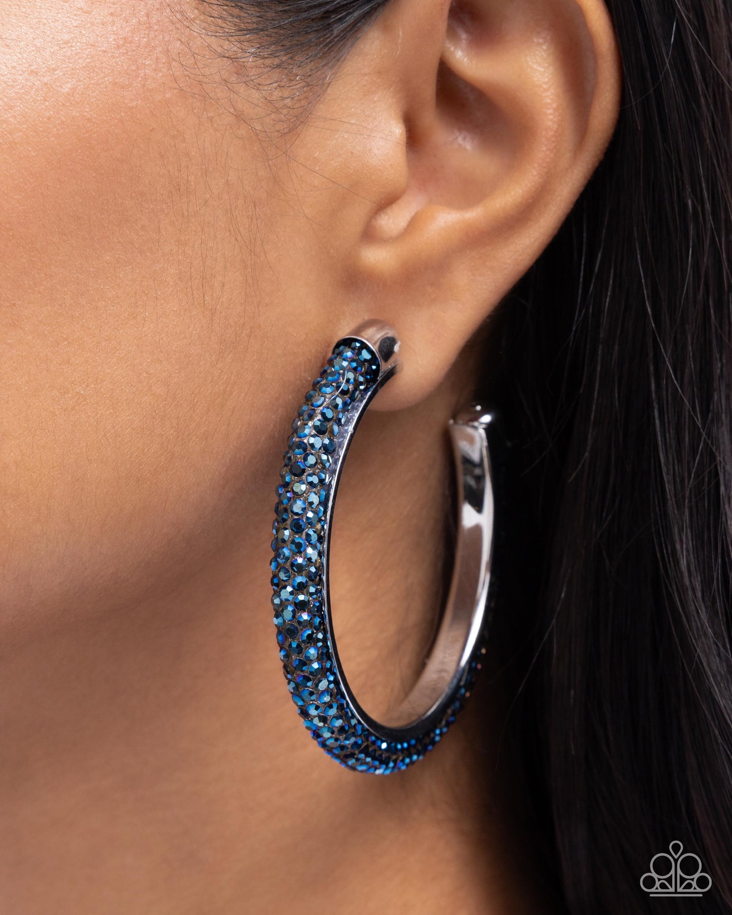 Chiseled Crescendo - Blue Rhinestone Silver Hoop Earrings - Paparazzi Accessories