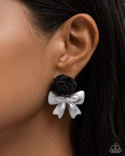 Rosette Rarity - Black Rose Silver Bow Post Earrings - Paparazzi Accessories