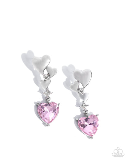 Valentines Vaudeville - Pink Rhinestone Silver Heart Post Earrings - Paparazzi Accessories