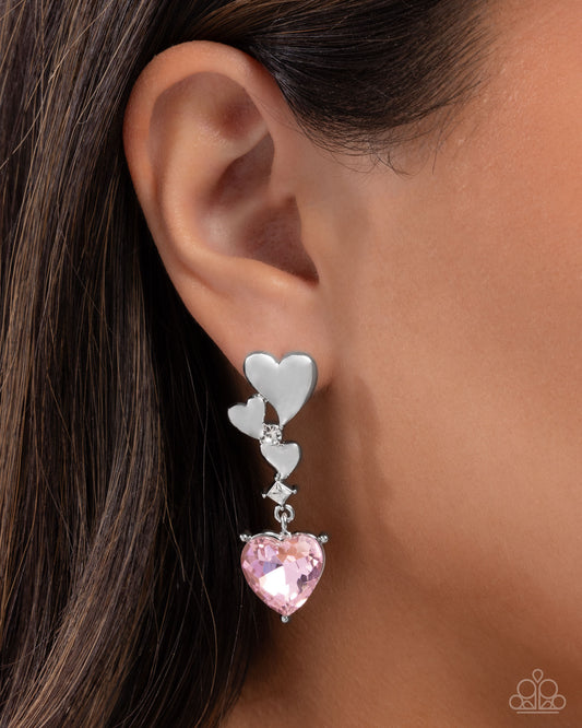 Valentines Vaudeville - Pink Rhinestone Silver Heart Post Earrings - Paparazzi Accessories