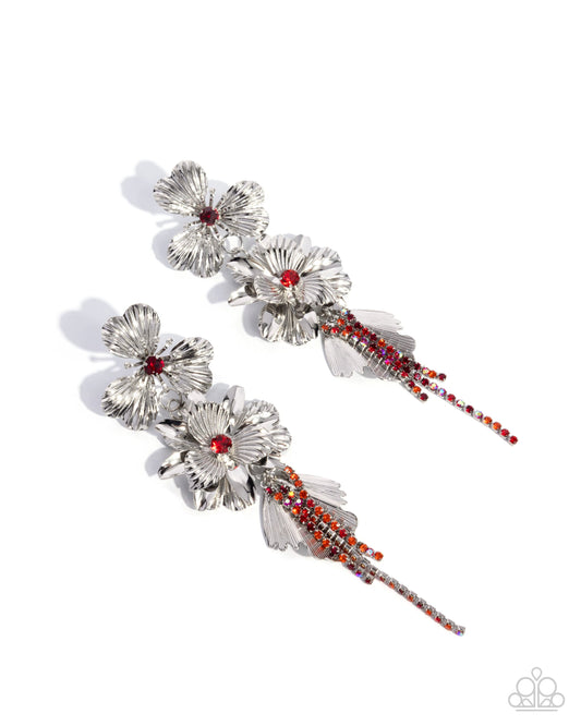Classical Cadenza - Red Rhinestone Silver Flower Post Earrings - Paparazzi Accessories