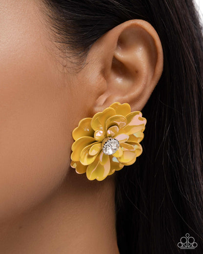 Growth Rate - Yellow Metallic Flower Post Earrings - Paparazzi Accessories