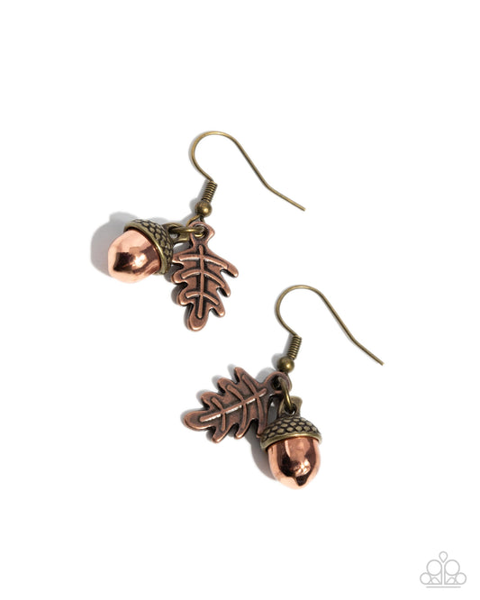 Acorn Antique - Brass & Copper Acorn & Leaf Fishhook Earrings - Paparazzi Accessories