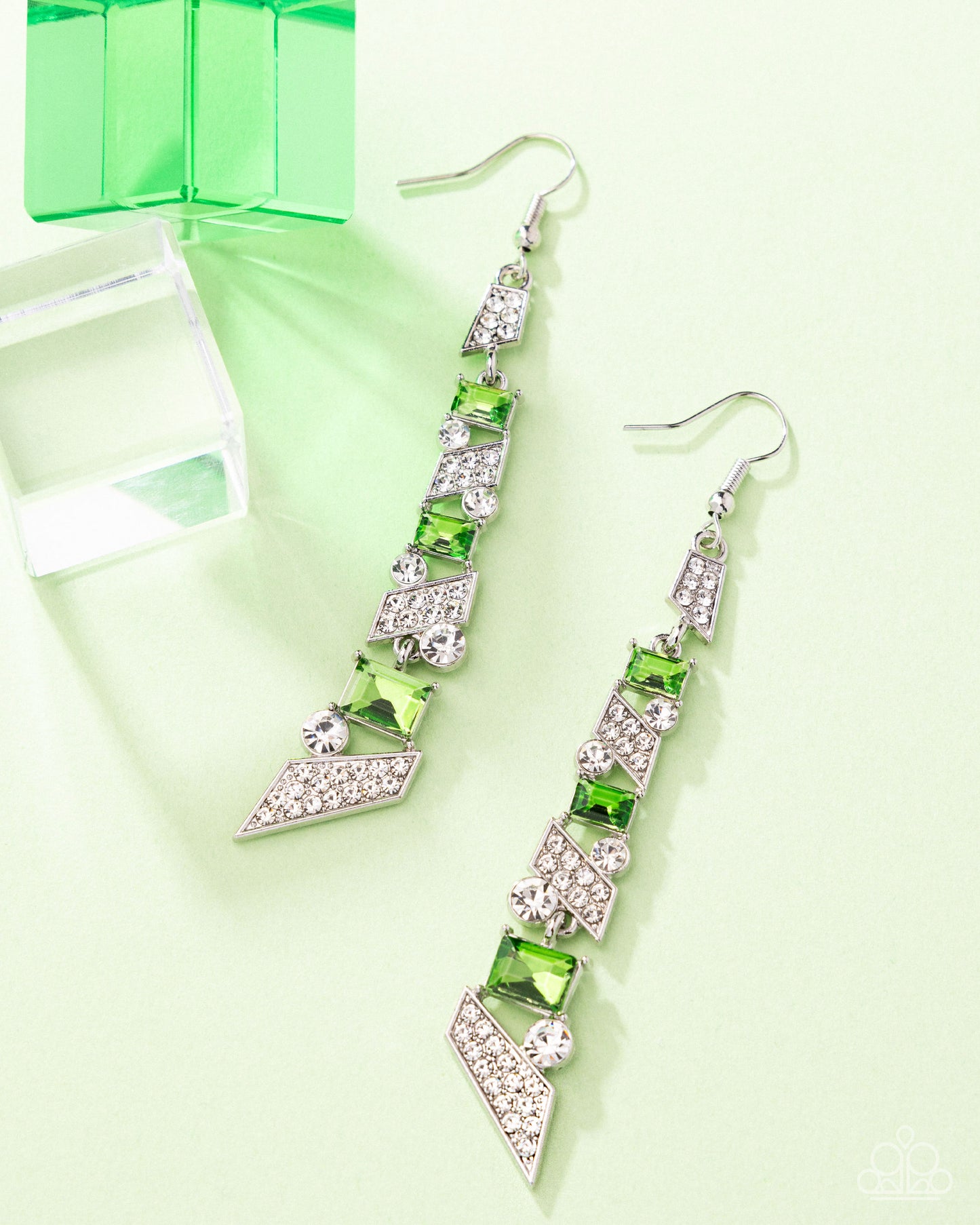 Cascading Cred - Green Rhinestone Fish Hook Earring - Paparazzi Accessories