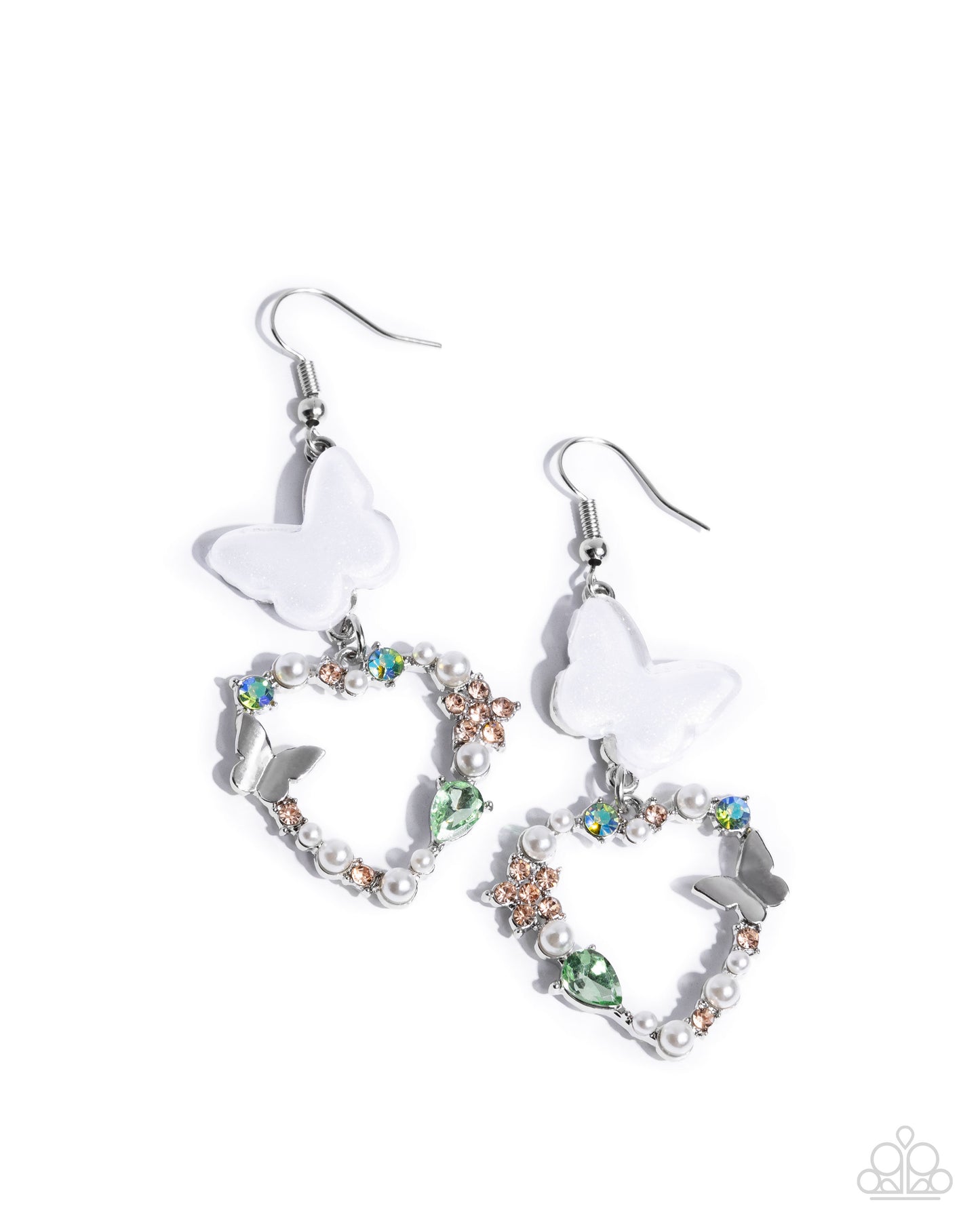 Flirty Flight - Green Iridescent Gem Silver Heart Fishhook Earrings - Paparazzi Accessories