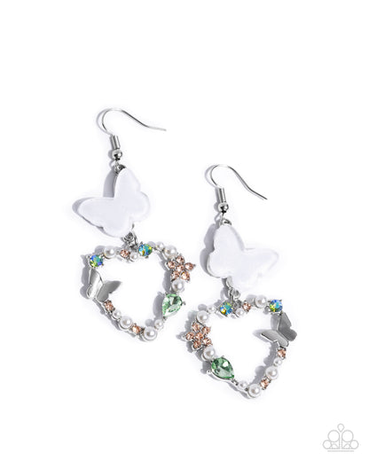 Flirty Flight - Green Iridescent Gem Silver Heart Fishhook Earrings - Paparazzi Accessories