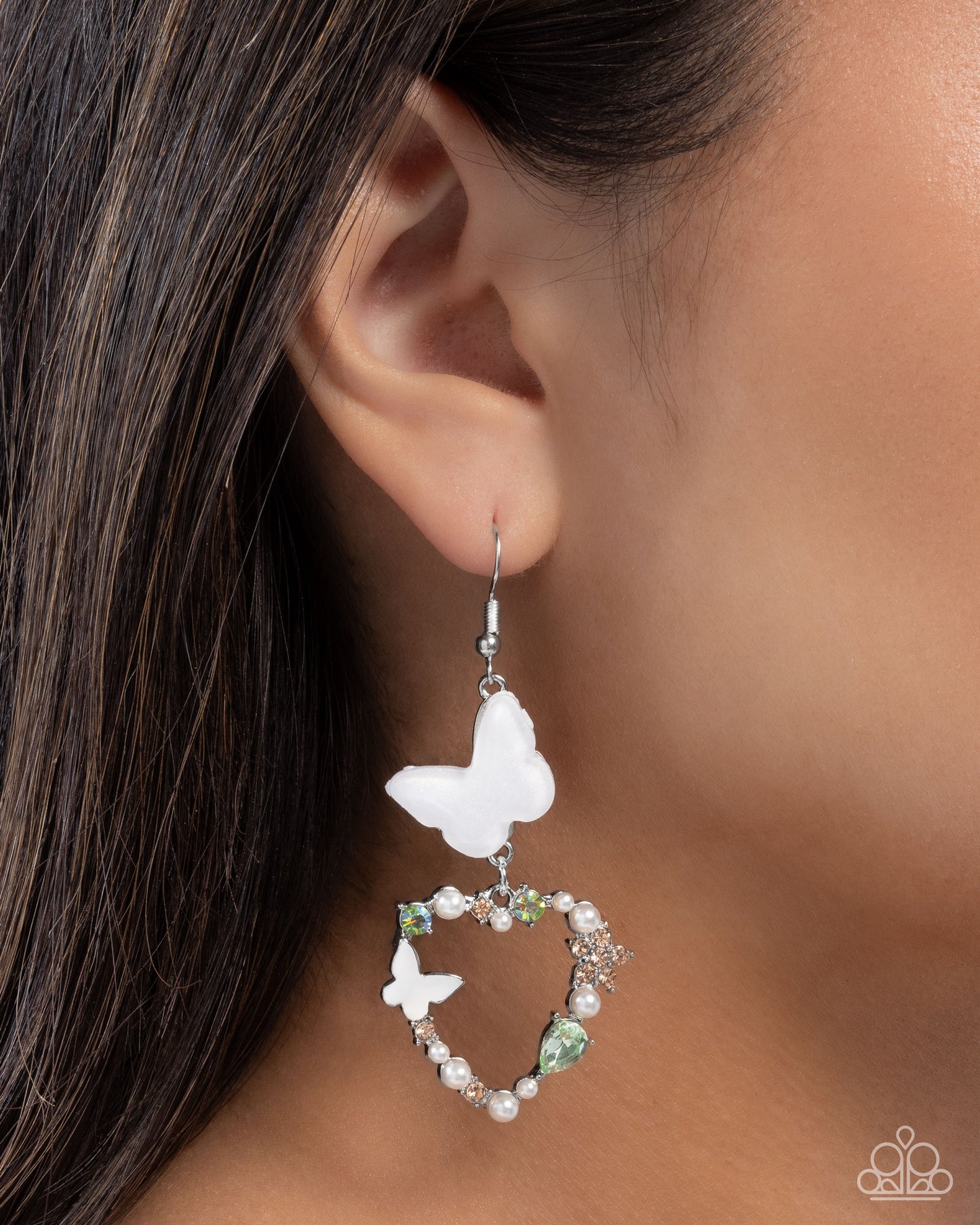 Flirty Flight - Green Iridescent Gem Silver Heart Fishhook Earrings - Paparazzi Accessories