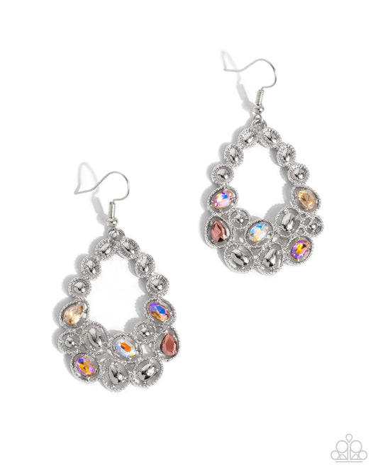 Prismatic Principal - Orange Iridescent Rhinestone Silver Teardrop Fishhook Earrings - Paparazzi Accessories