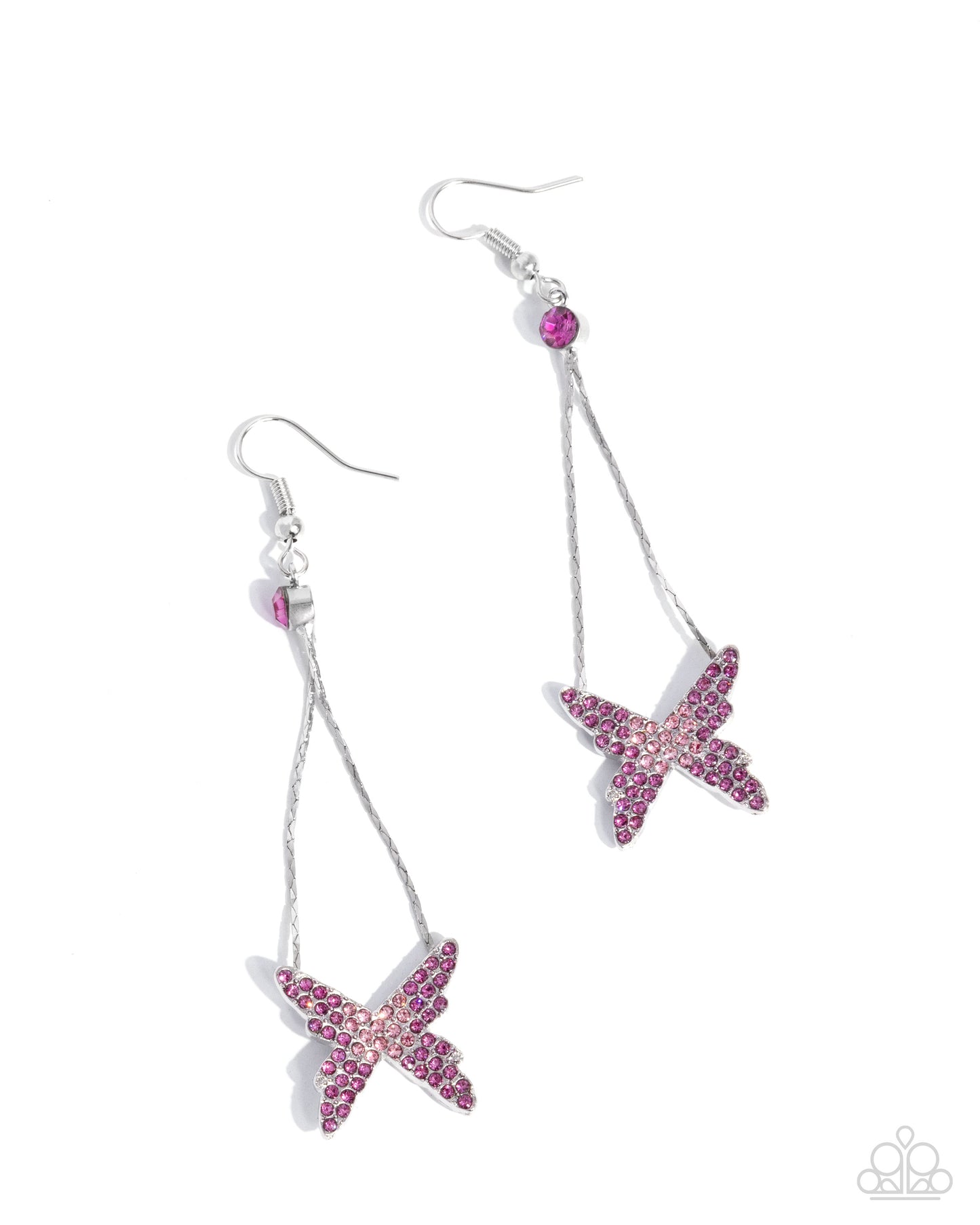 Pick A FLIGHT - Pink Rhinestone Butterfly Silver Fishhook Earrings - Paparazzi Accessories