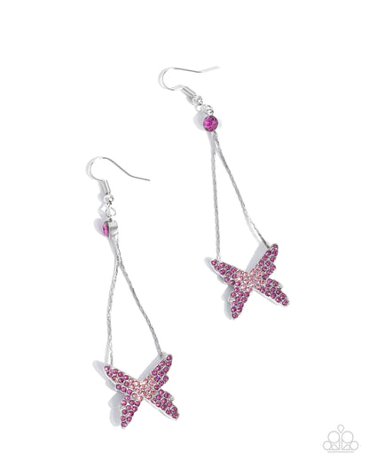 Pick A FLIGHT - Pink Rhinestone Butterfly Silver Fishhook Earrings - Paparazzi Accessories