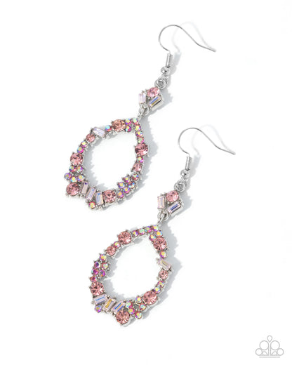 Poppin Pizzazz - Pink Iridescent Rhinestone Silver Fishhook Earrings - Paparazzi Accessories