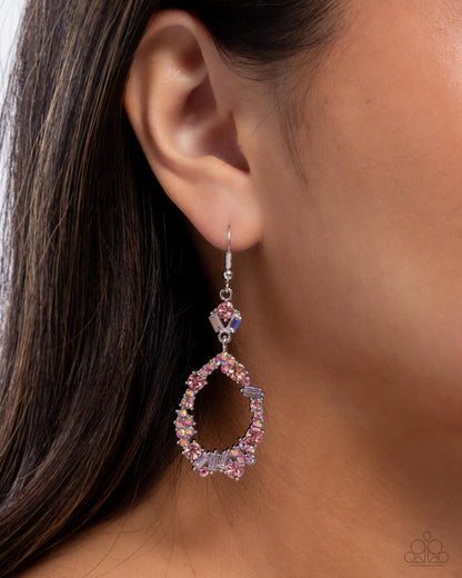 Poppin Pizzazz - Pink Iridescent Rhinestone Silver Fishhook Earrings - Paparazzi Accessories