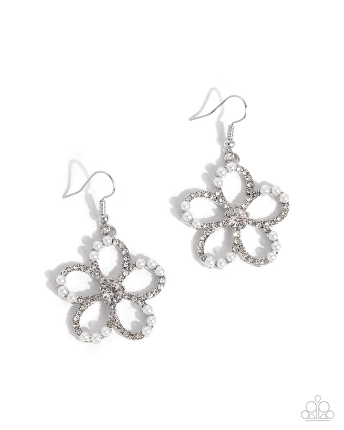 Paramount Pearls - White Rhinestone & Pearl Silver Flower Fishhook Earrings - Paparazzi Accessories