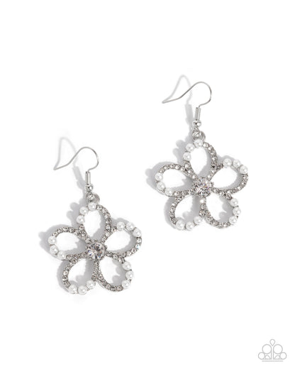 Paramount Pearls - White Rhinestone & Pearl Silver Flower Fishhook Earrings - Paparazzi Accessories