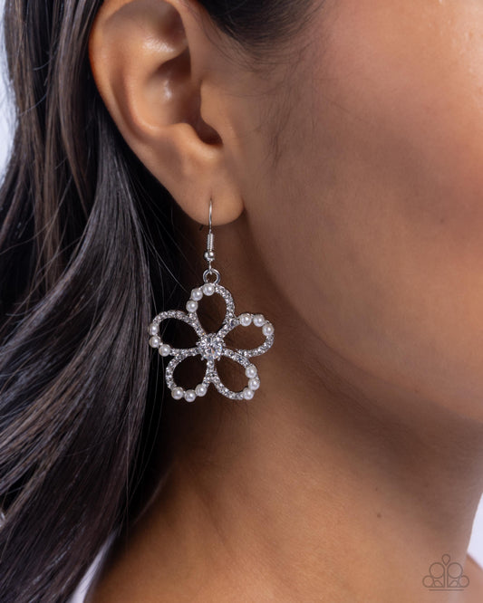 Paramount Pearls - White Rhinestone & Pearl Silver Flower Fishhook Earrings - Paparazzi Accessories