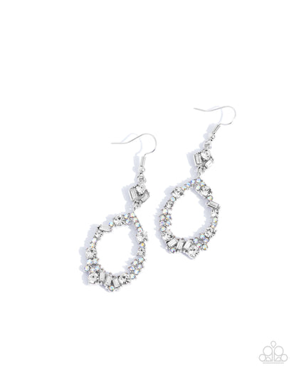 Poppin Pizzazz - White Iridescent Rhinestone Silver Fishhook Earrings - Paparazzi Accessories