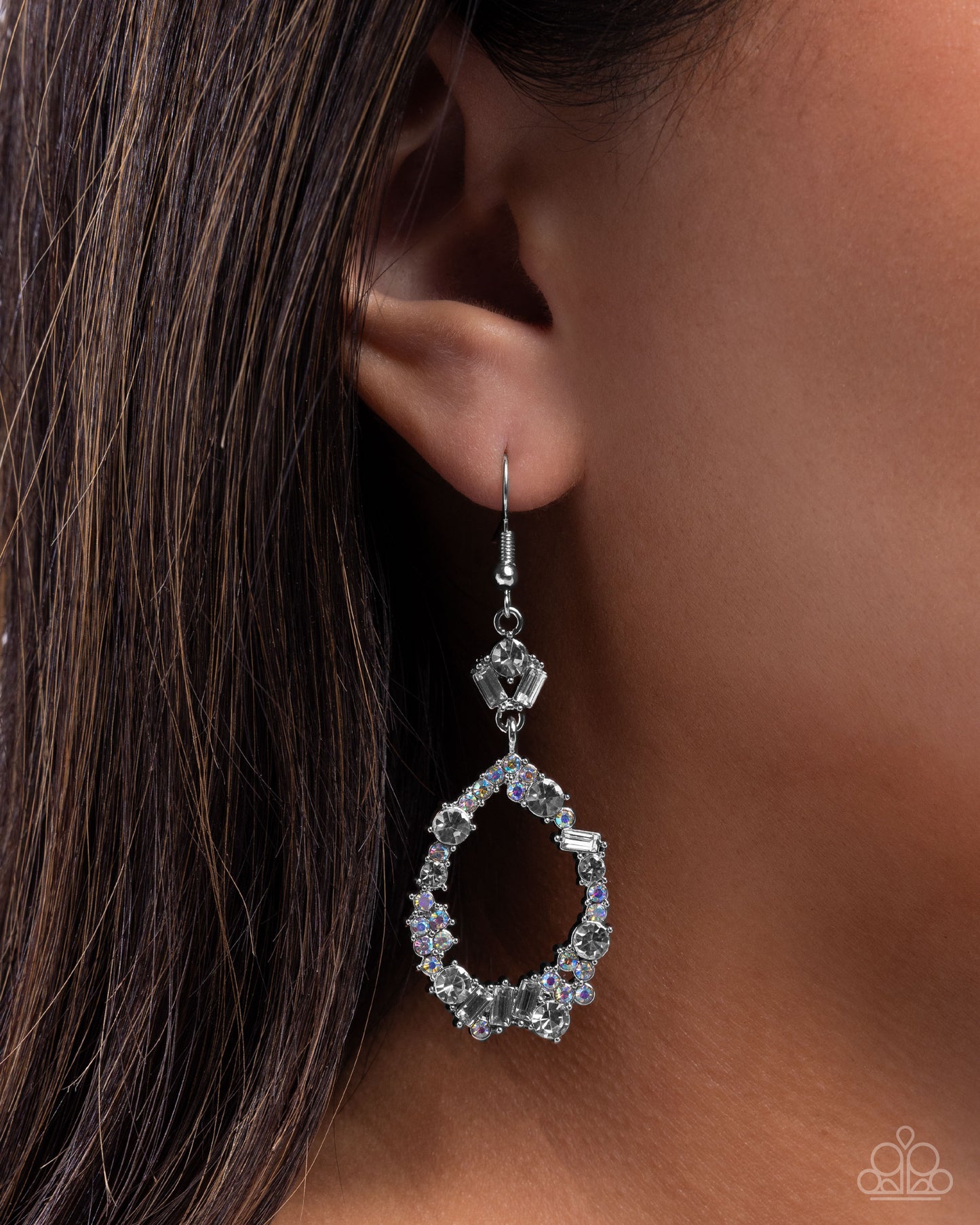 Poppin Pizzazz - White Iridescent Rhinestone Silver Fishhook Earrings - Paparazzi Accessories