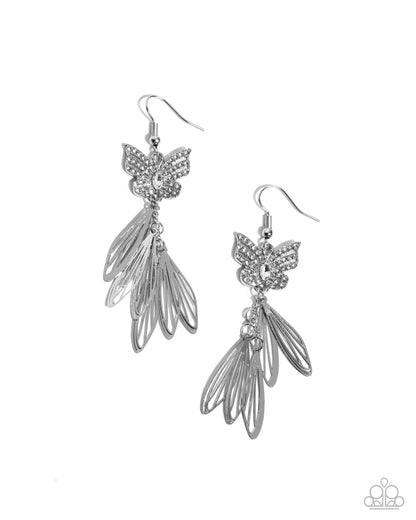 Fairy Dust - White Rhinestone Butterfly Silver Fishhook Earrings - Paparazzi Accessories