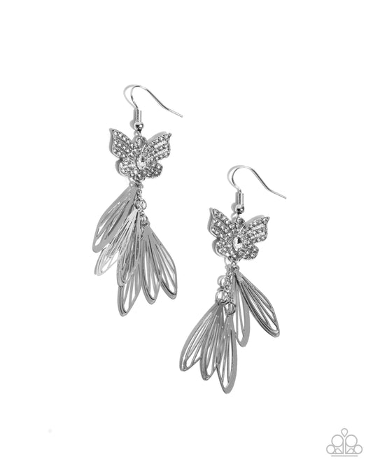 Fairy Dust - White Rhinestone Butterfly Silver Fishhook Earrings - Paparazzi Accessories
