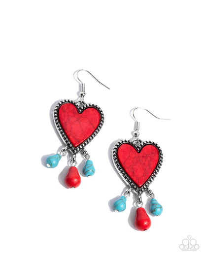 Grandiose Gaze - Red & Blue Crackle Stone Heart, Silver Fishhook Back Earrings - Paparazzi Accessories