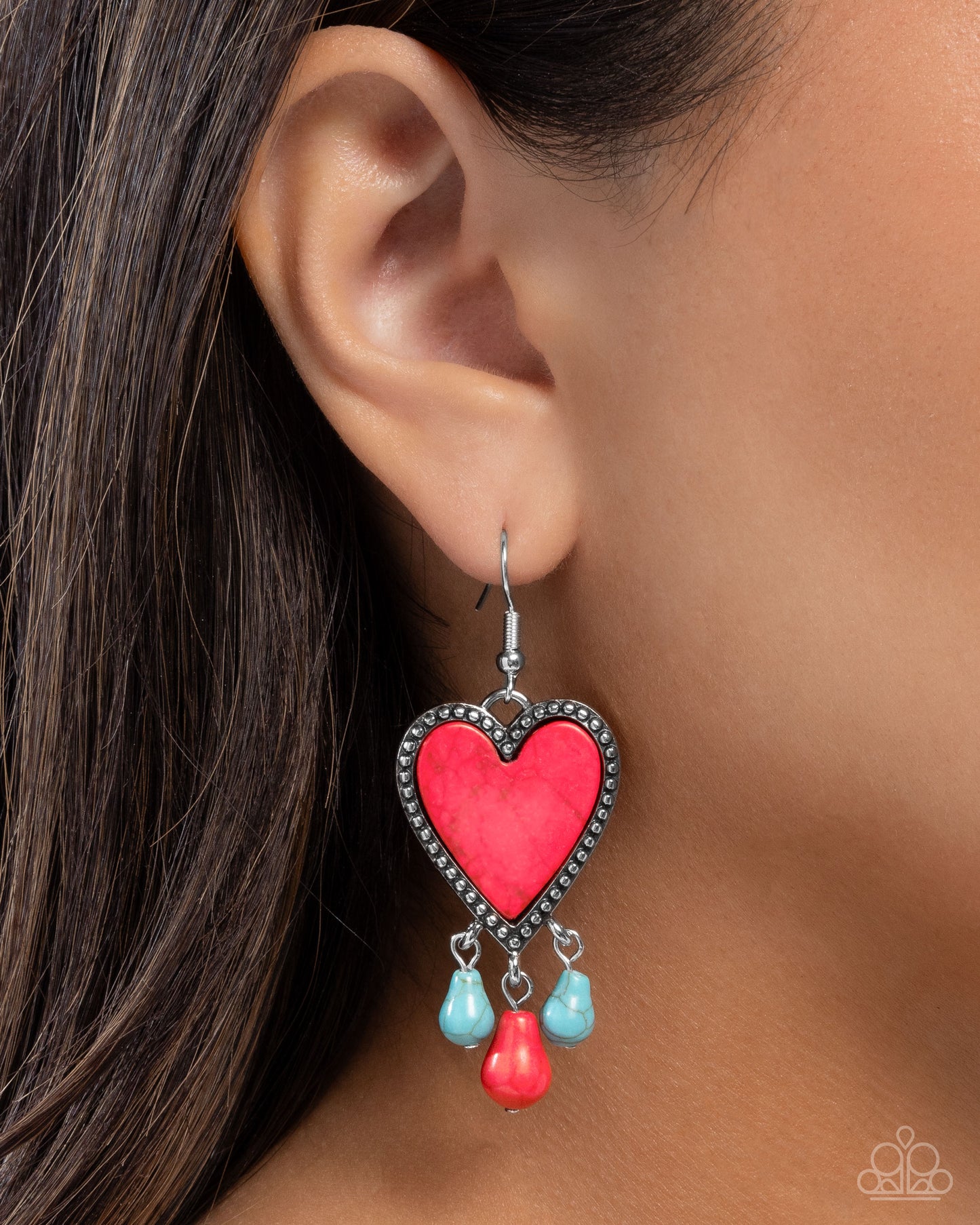 Grandiose Gaze - Red & Blue Crackle Stone Heart, Silver Fishhook Back Earrings - Paparazzi Accessories