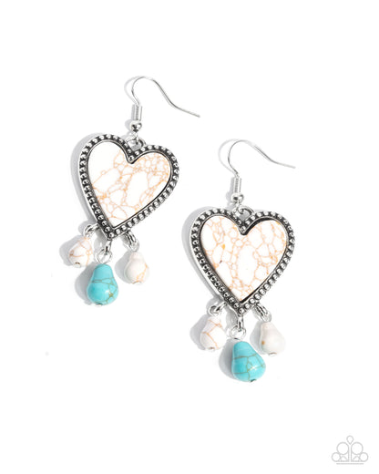 Grandiose Gaze - White & Blue Crackle Stone Heart Silver Fishhook Earrings - Paparazzi Accessories