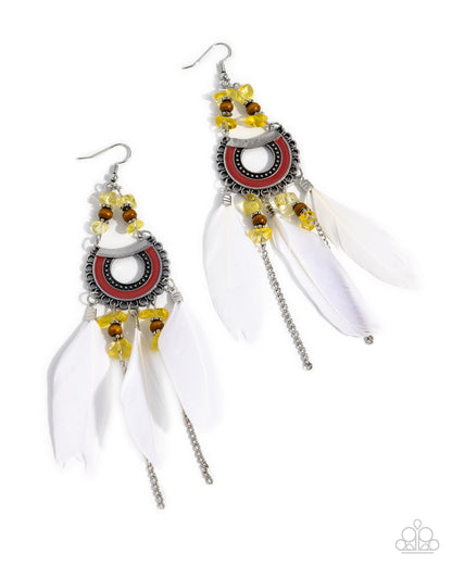 Serene Stage - Yellow Stone White Feather Silver Fishhook Earrings - Paparazzi Accessories