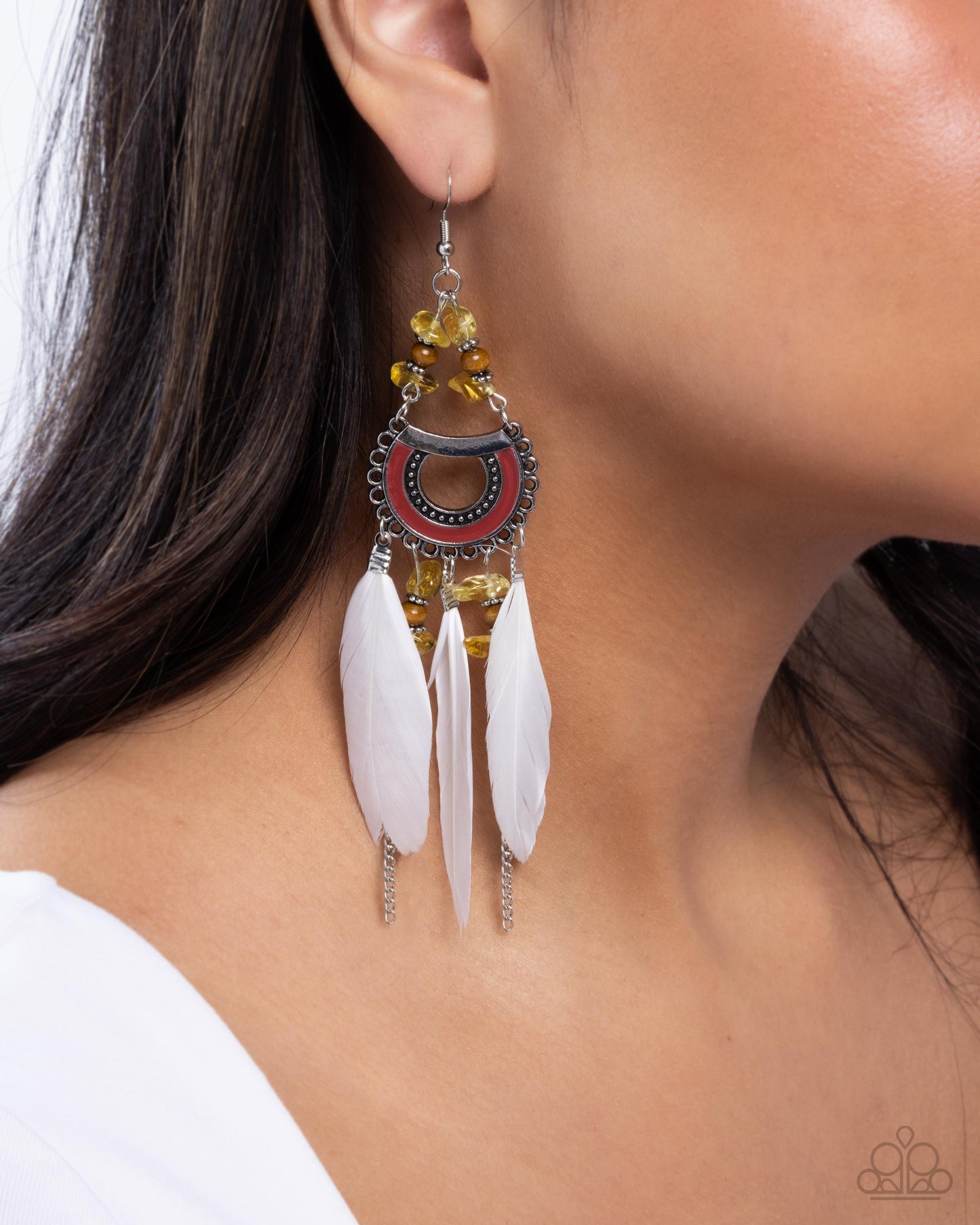 Serene Stage - Yellow Stone White Feather Silver Fishhook Earrings - Paparazzi Accessories