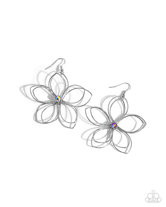 Wiry Whisper - Purple Rhinestone Silver Flower Fishhook Earrings - Paparazzi Accessories