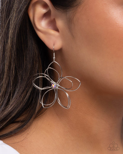 Wiry Whisper - Purple Rhinestone Silver Flower Fishhook Earrings - Paparazzi Accessories
