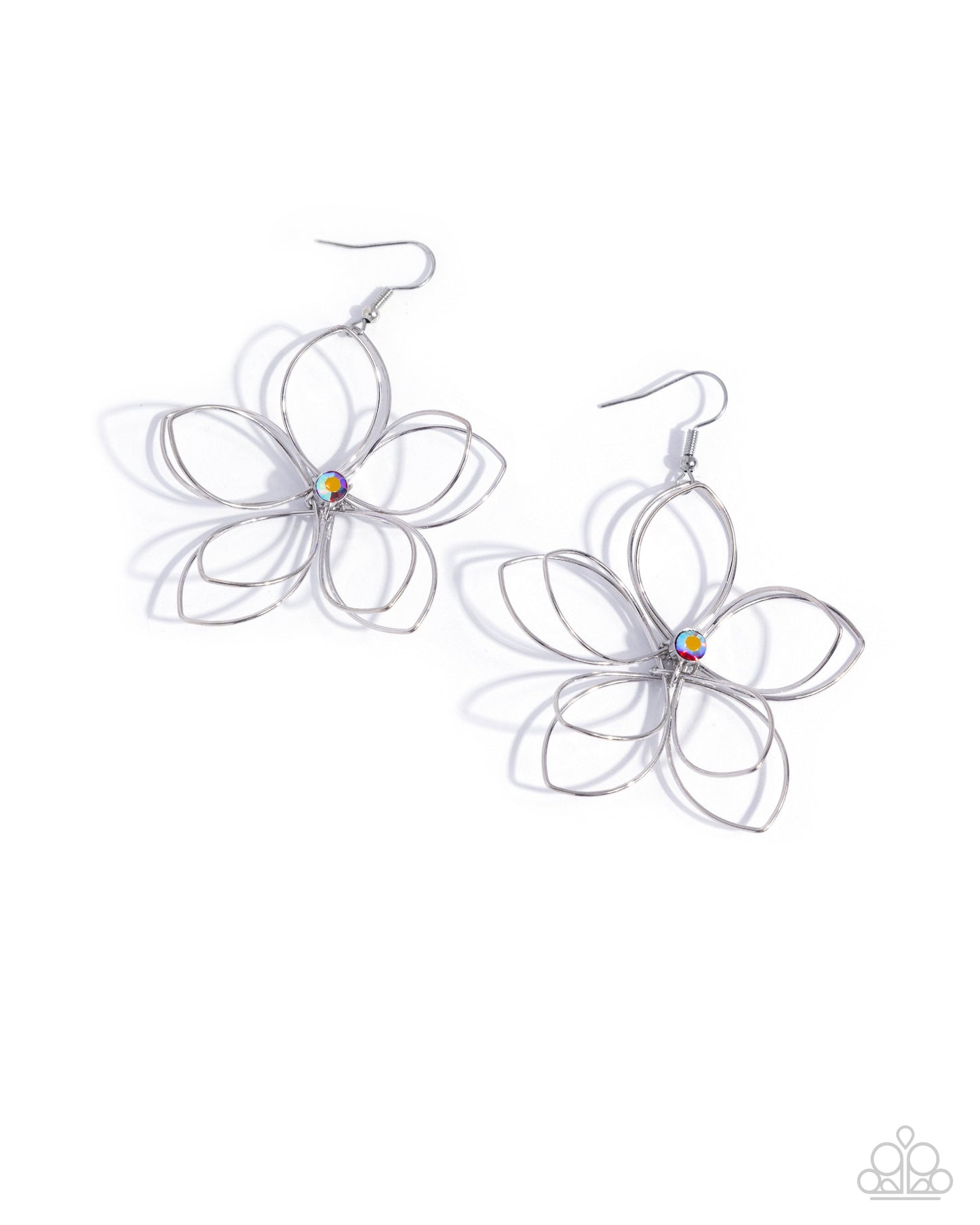 Wiry Whisper - Red Rhinestone Silver Flower Fishhook Earrings - Paparazzi Accessories
