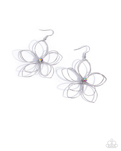 Wiry Whisper - Red Rhinestone Silver Flower Fishhook Earrings - Paparazzi Accessories