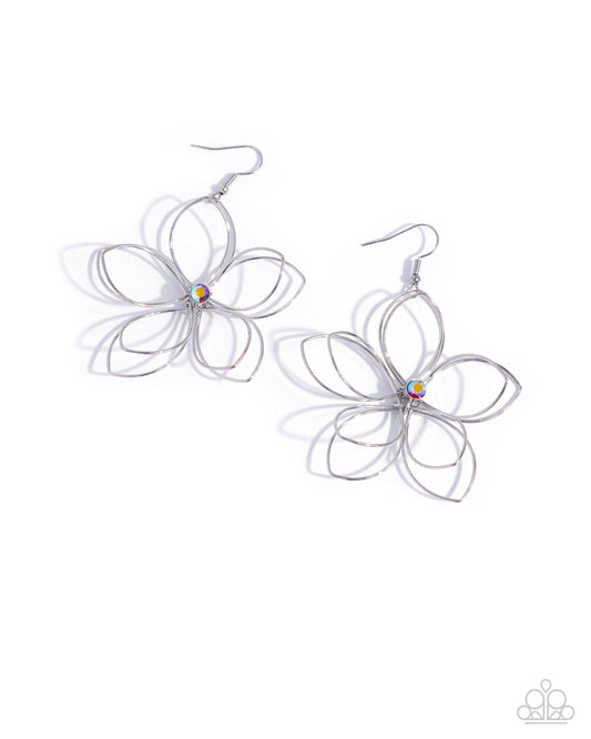 Wiry Whisper - Red Rhinestone Silver Flower Fishhook Earrings - Paparazzi Accessories
