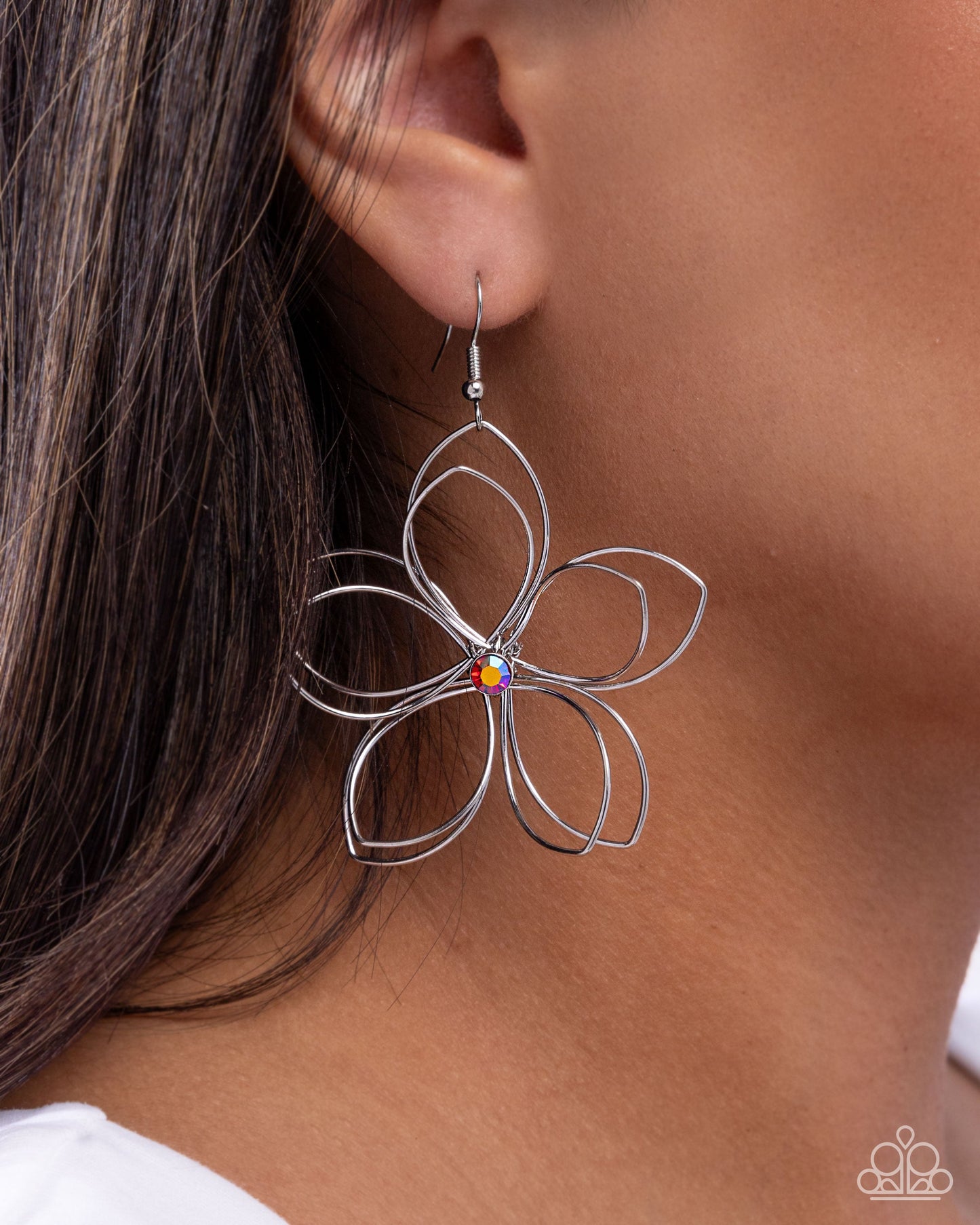 Wiry Whisper - Red Rhinestone Silver Flower Fishhook Earrings - Paparazzi Accessories