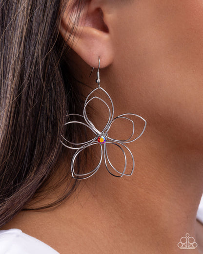 Wiry Whisper - Red Rhinestone Silver Flower Fishhook Earrings - Paparazzi Accessories