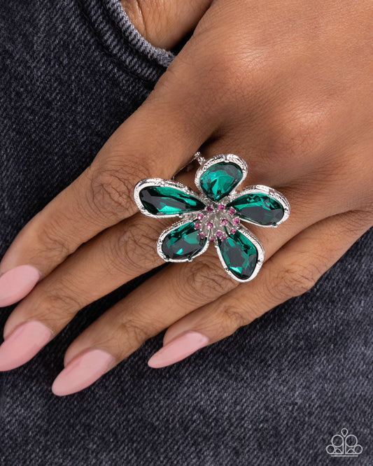 Daily Drama - Green Gem Flower Silver Ring - Paparazzi Accessories
