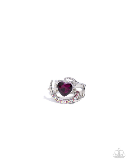 Cupid COUPLE - Pink Rhinestone Heart Silver Ring - Paparazzi Accessories