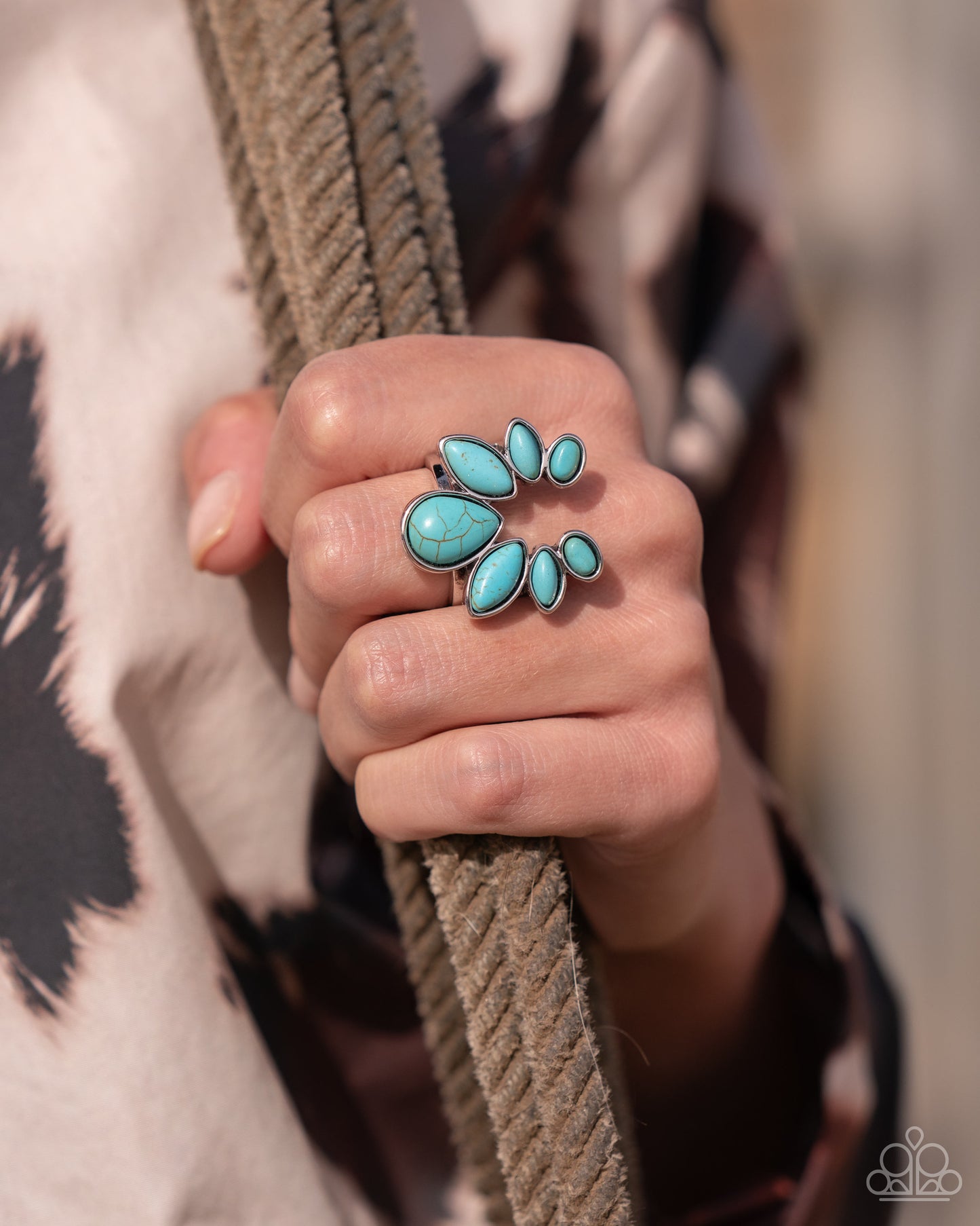 Calm Cavalry - Blue Crackle Stone Teardrops Silver Horseshoe-inspired Ring - Paparazzi Accessories