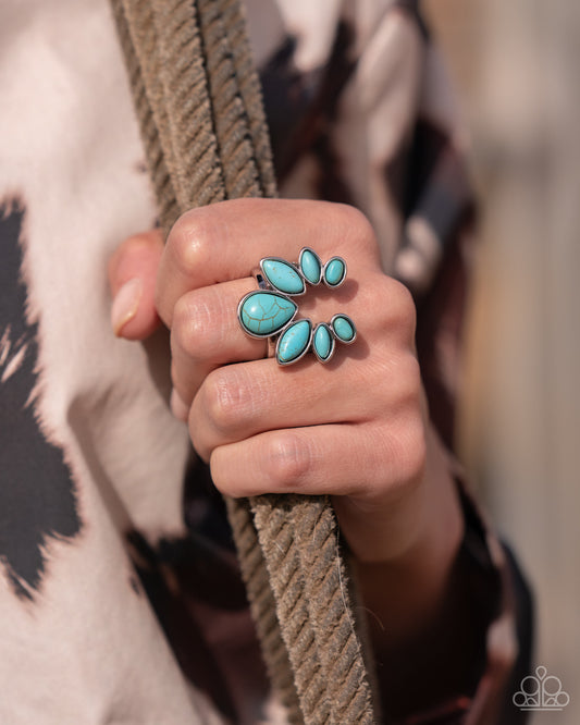 Calm Cavalry - Blue Crackle Stone Teardrops Silver Horseshoe-inspired Ring - Paparazzi Accessories