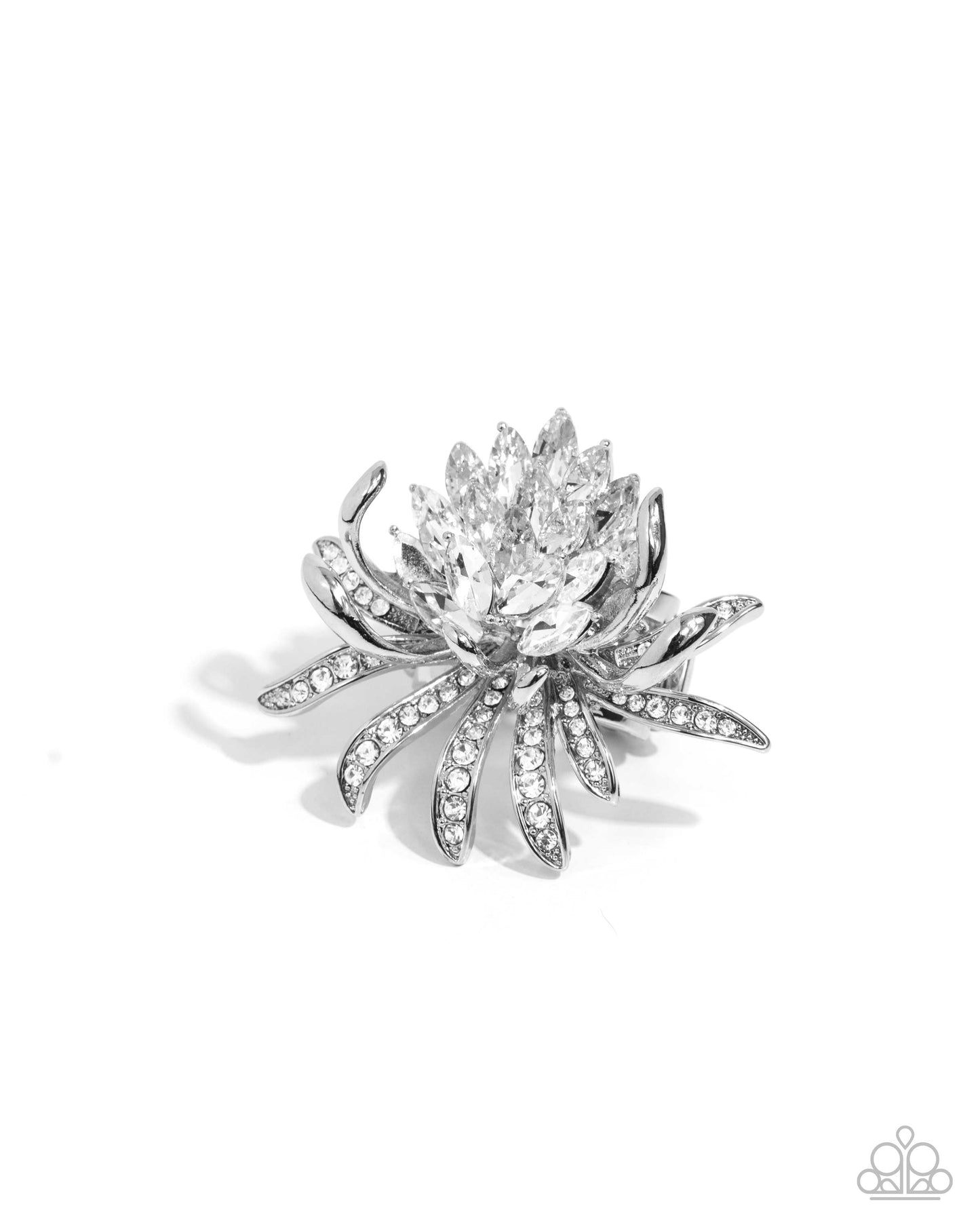 Lotus Legacy - White Rhinestone Silver Flower Ring - Paparazzi Accessories