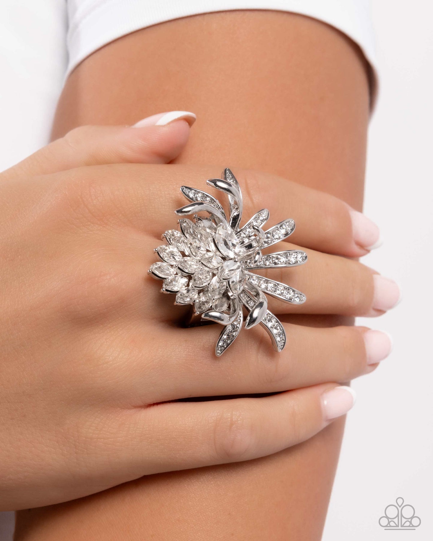 Lotus Legacy - White Rhinestone Silver Flower Ring - Paparazzi Accessories
