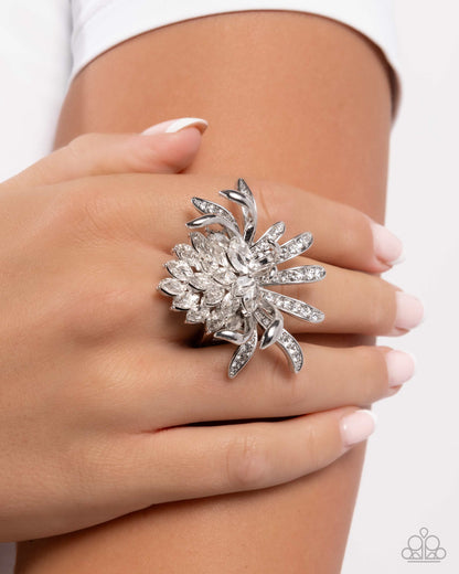 Lotus Legacy - White Rhinestone Silver Flower Ring - Paparazzi Accessories