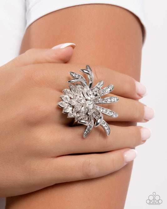 Lotus Legacy - White Rhinestone Silver Flower Ring - Paparazzi Accessories