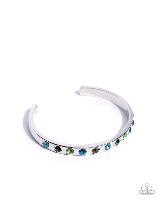 Best of the Bling - Green Rhinestone, Silver Cuff Bracelet - Paparazzi Accessories