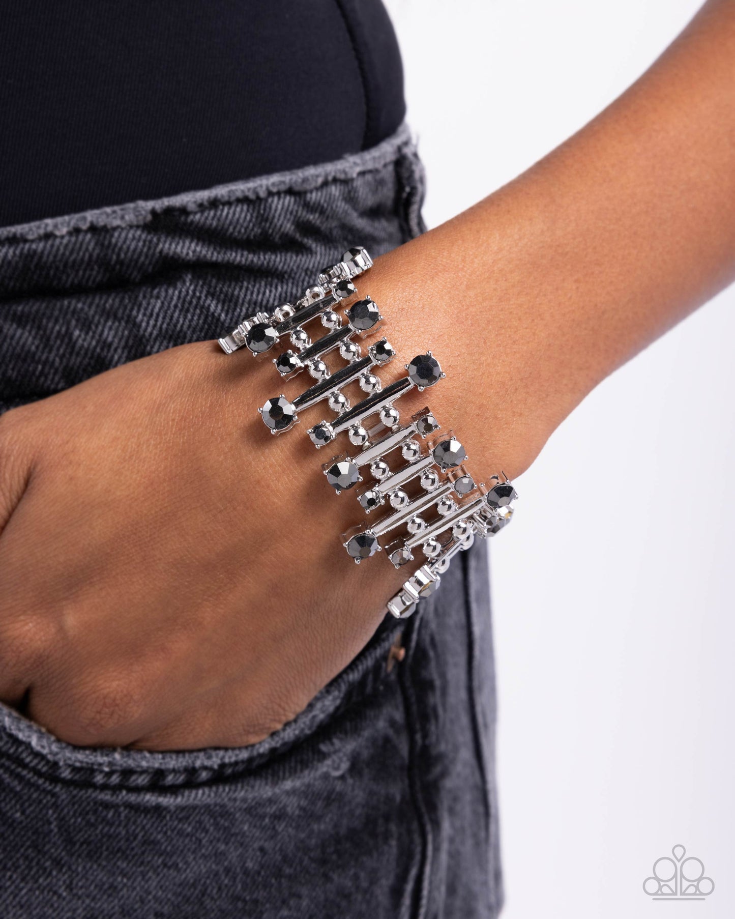 Misunderstanding Mayhem - Silver Hematite Rhinestone Stretchy Bracelet - Paparazzi Accessories