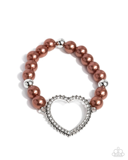 My Love, My Life - Brown Pearl Silver White Rhinestone Heart Stretchy Bracelet - Paparazzi Accessories